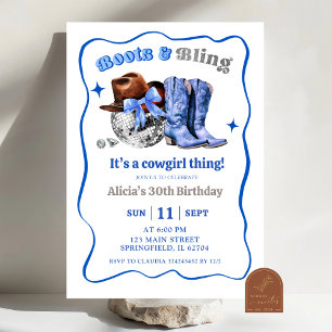 Convite Botas de Cowgirl Espaciais Azul Marinho e Aniversá