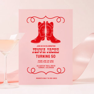 Convite Botas de Cowgirl Rosa Vermelho para Festa de Anive