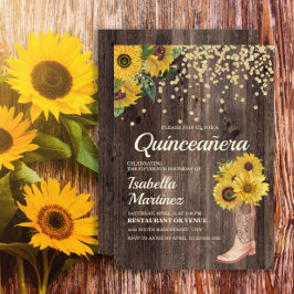 Convite Botas de Girassol Rústico com Brilho Quinceañera 1
