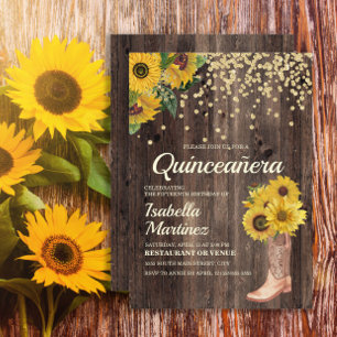 Convite Botas de Girassol Rústico com Brilho Quinceañera 1