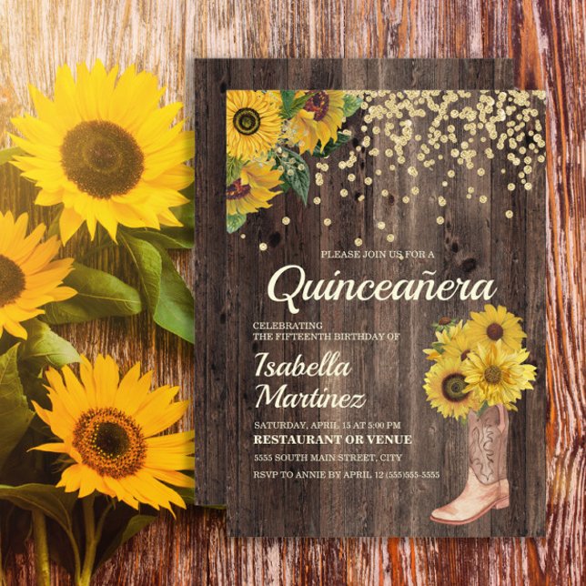 Convite Botas de Girassol Rústico com Brilho Quinceañera 1 (Sunflowers, cowgirl boots, and rustic wood Quinceanera birthday party invitation)