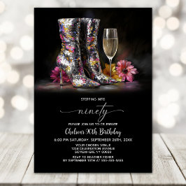 Convite Botas de Lantejoulas Prateadas Festa de 90º Aniver