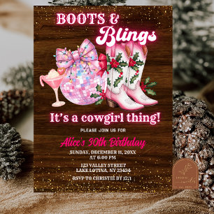Convite Botas e Brilhos de Natal de Inverno Rosa Aniversár