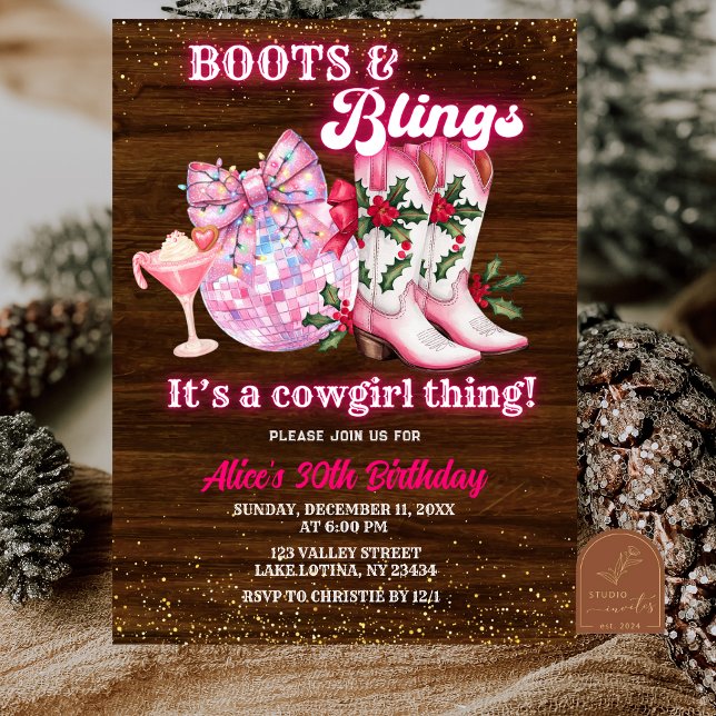 Convite Botas e Brilhos de Natal de Inverno Rosa Aniversár (Criador carregado)