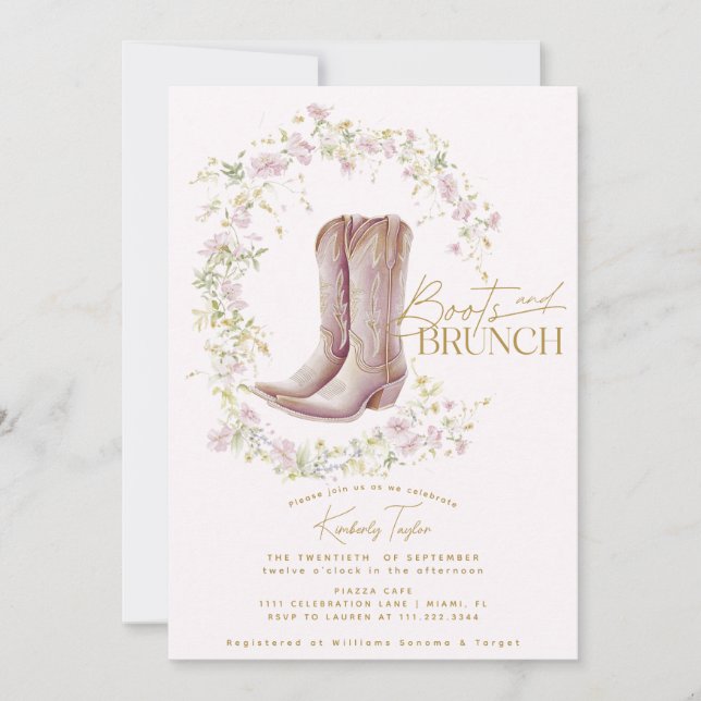 Convite Botas e Brunch Rosa Festa de Noiva com Flores Silv (Frente)