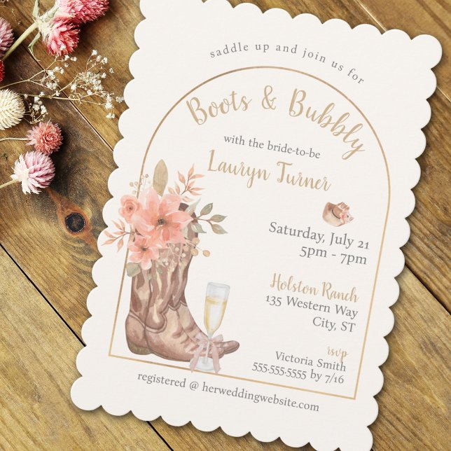 Convite Botas e Espumante Botas de Cowboy Florais Chá de N (Boots And Bubble Floral Cowboy Boots Bridal Shower Invitation)