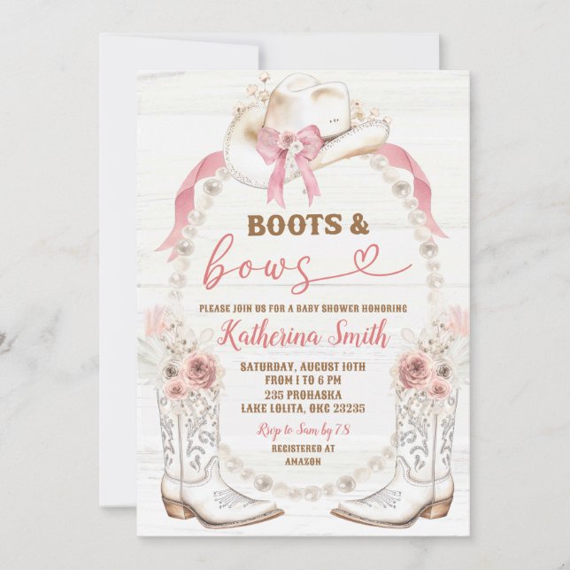 Convite Botas e Laço Coquette Rosa Pérola e Chuvinha de Be (Frente)