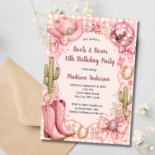 Convite Botas e Laços Rosa Aniversário Caubói Ocidental