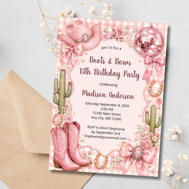 Convite Botas e Laços Rosa Aniversário Caubói Ocidental  (Pink Boots and Bows Cowgirl Western Disco Girls Birthday Party invitation. Printed or Digital )