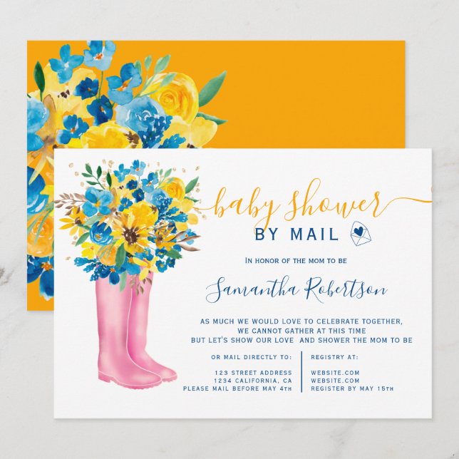 Convite Botas florais azuis chá de fraldas por correio (Frente/Verso)