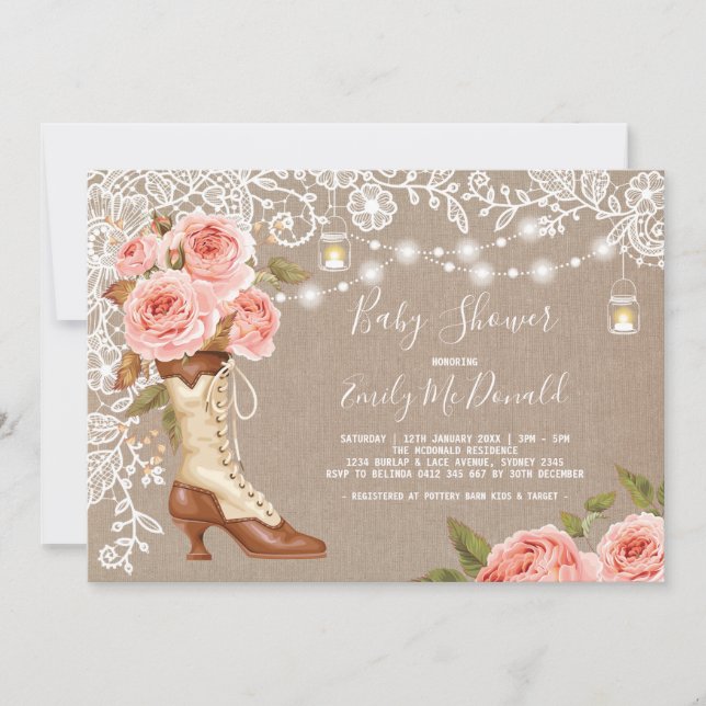 Convite Botas florais da vaqueira do chá de fraldas do (Frente)