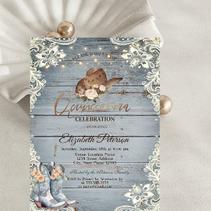 Convite Botas Florais de Renda Azul Quinceañera