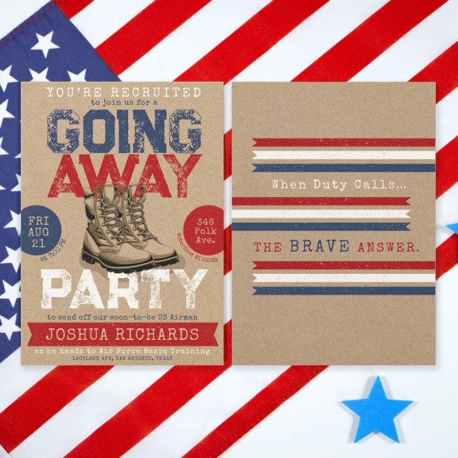 Convite Botas Militares Rústicas Festa de Despedida (Military Combat Boots Going Away Party, Farewell Rustic Vintage Party Invitation, front and back )