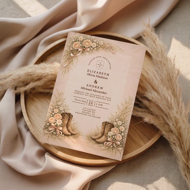 Convite Botas Ocidentais Casamento Beijo Rosado Suave (Criador carregado)