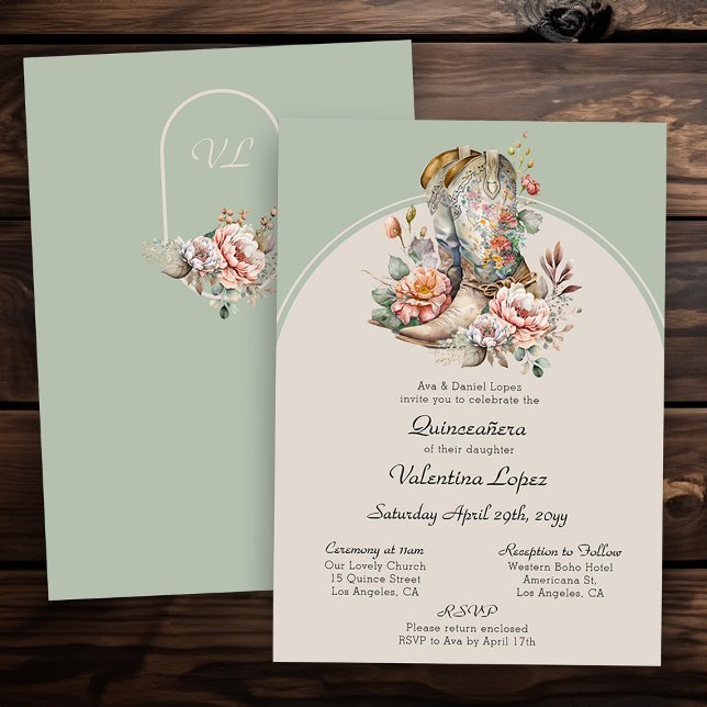 Convite Botas ocidentais florais Rústico Boho Quinceanera (Mass and Reception quince invitation from my Boho Floral Cowgirl Boots Quinceanera Collection)