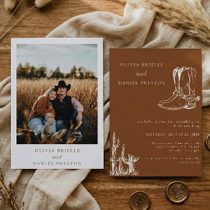 Convite Botas Ocidentais Minimalistas País Foto Casamento