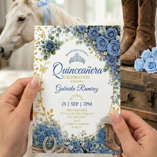 Convite Botas Ocidentais Rosas Azuis Douradas Quinceañera