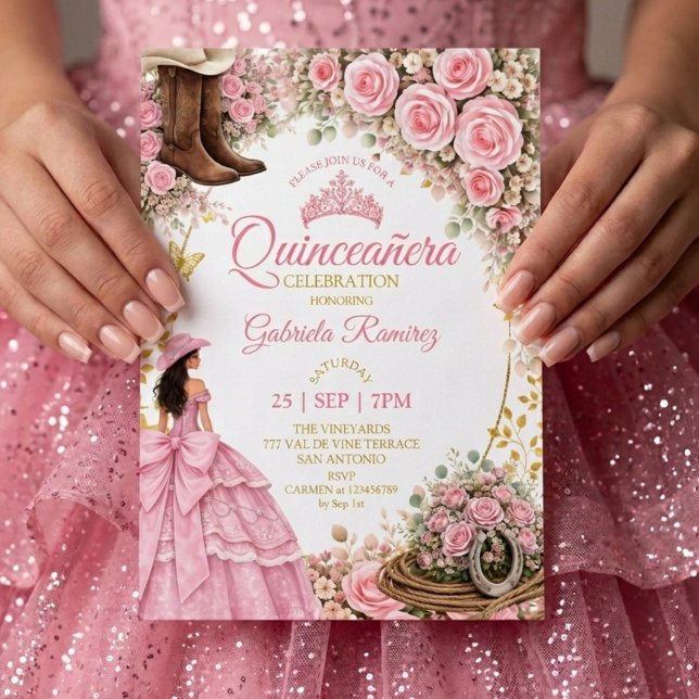 Convite Botas Ocidentais Rosas Cor-de-Rosa Douradas Quince (Criador carregado)