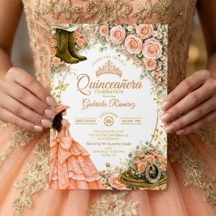 Convite Botas Ocidentais Rosas Pêssegos Dourados Quinceañe
