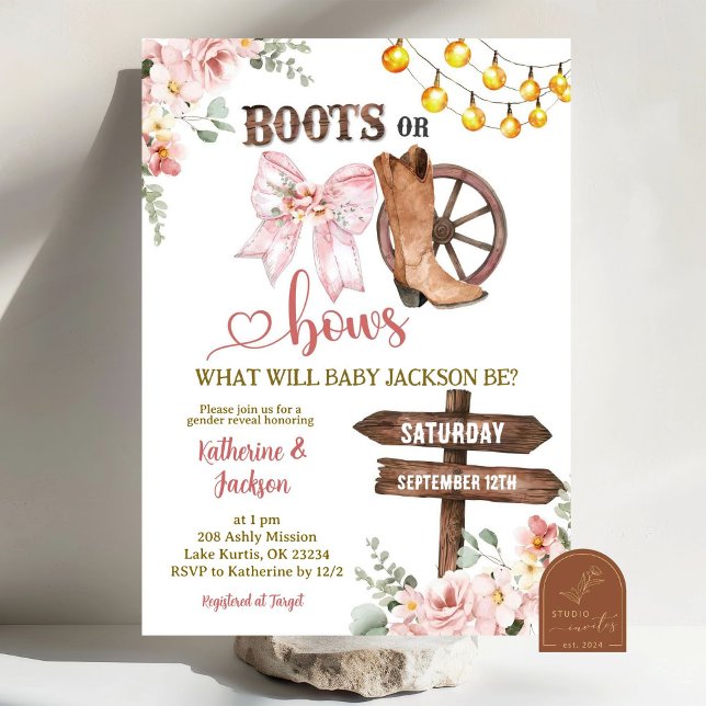 Convite Botas ou Laços Florais Rústicos Revelação de Gêner (Criador carregado)