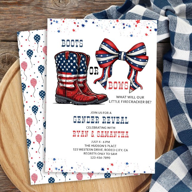 Convite Botas ou Laços Revelação de Gênero Vermelho Branco (Western Cowboy Boots or Bows Red White and Blue Gender Reveal Invitation)