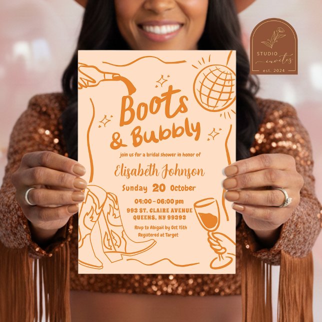 Convite Botas Retro Laranja e Bridal Shower Bubbly (Criador carregado)