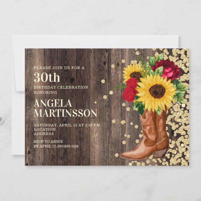 Convite Botas Rústicas de Aniversário de 30 Anos Girassóis (Frente)
