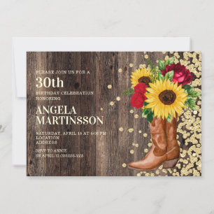 Convite Botas Rústicas de Aniversário de 30 Anos Girassóis