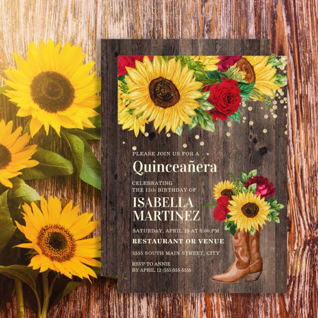 Convite Botas Vermelhas de Girassóis Rústicos Quinceañera  (Sunflowers, red roses, and cowgirl boots on rustic wood Quinceanera invitation)