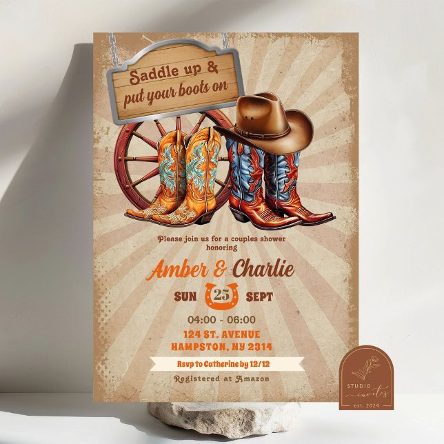 Convite Botas Vintage Retro Casal Caubói Chuveiro (Criador carregado)