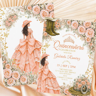 Convite Botas Western Peach Roses Golden Quinceañera