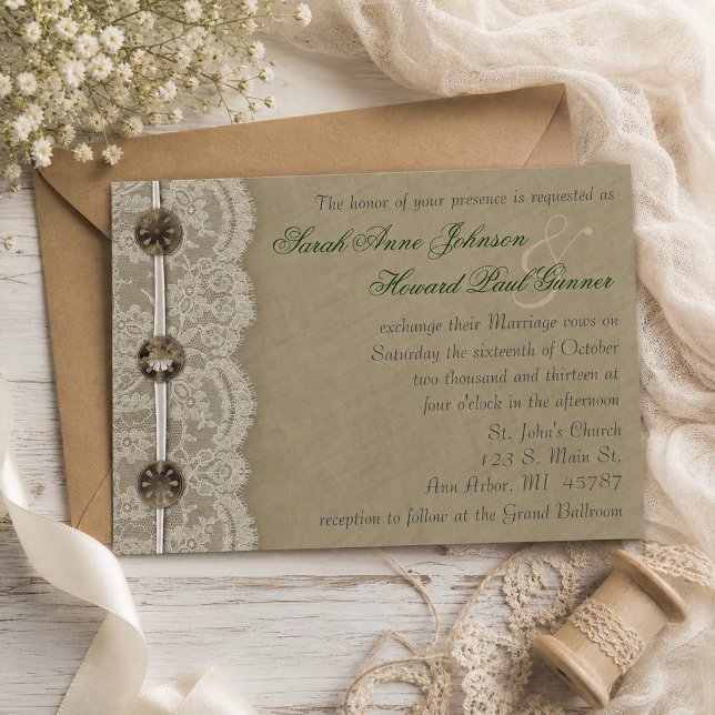 Convite Botões Antigos e Renda Casamento Rústico (Vintage Buttons and Lace Rustic Wedding Invitation)