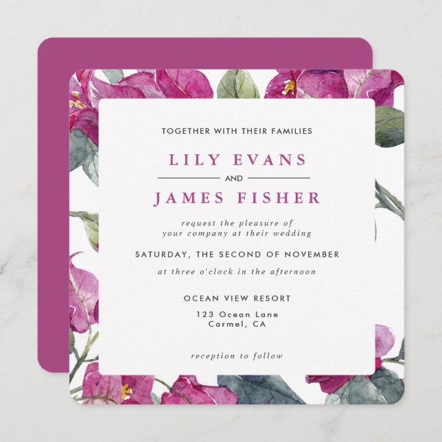 Convite Bougainvillea Burgundy Casamento Floral Verde Rosa (Frente/Verso)