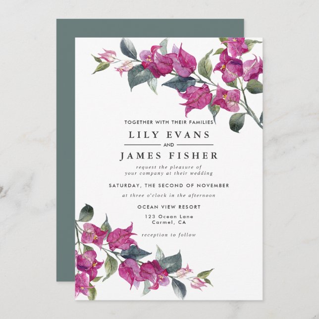 Convite Bougainvillea Burgundy Casamento Floral Verde Rosa (Frente/Verso)