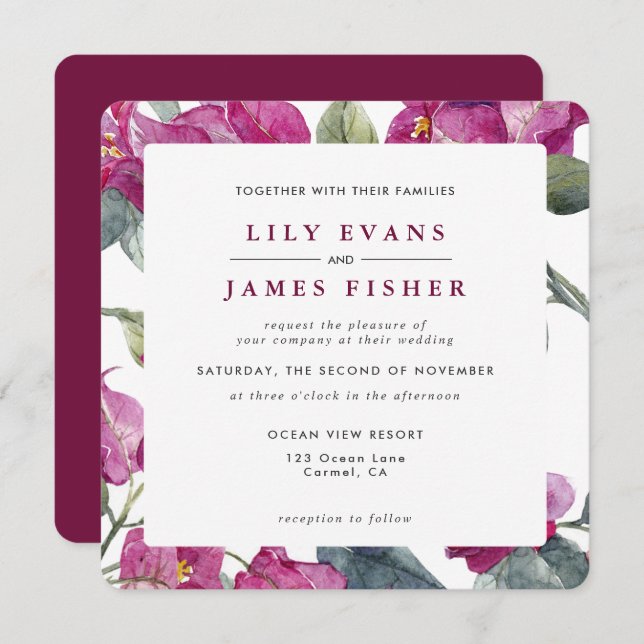 Convite Bougainvillea Burgundy Casamento Floral Verde Rosa (Frente/Verso)