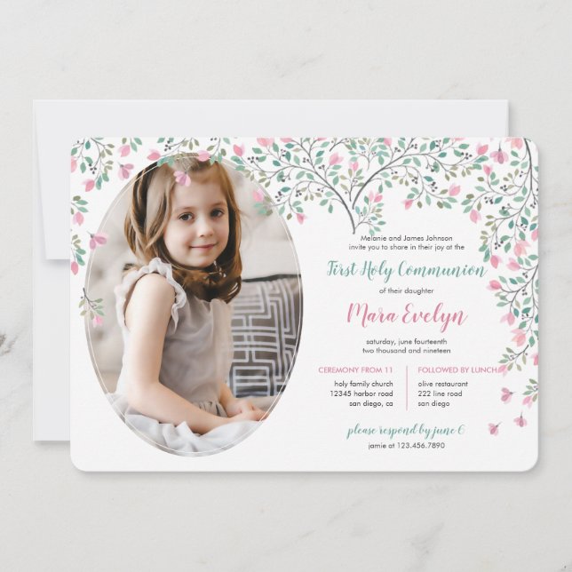 Convite Bougainvillea Foto Primeira Comunhão Sagrada (Frente)