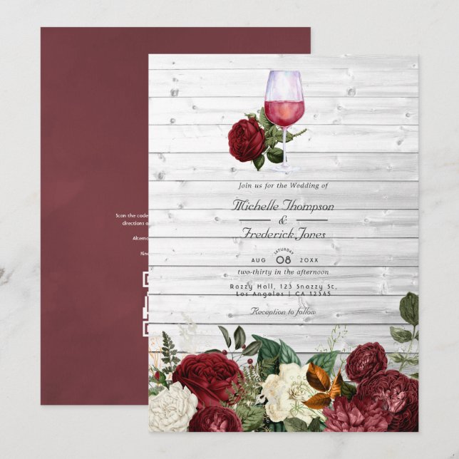 Convite Bourgundy Floral Código QR RSVP Casamento de Prova (Frente/Verso)