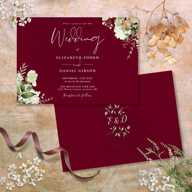 Convite Bourgundy Greenery Botânica Monograma Casamento (Burgundy Botanical Greenery Monogram Wedding Invitation)