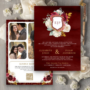 Convite Bourgundy Red Floral Código QR Foto Crest Casament