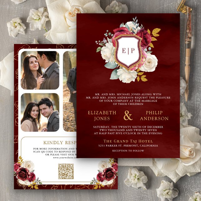 Convite Bourgundy Red Floral Código QR Foto Crest Casament (Criador carregado)
