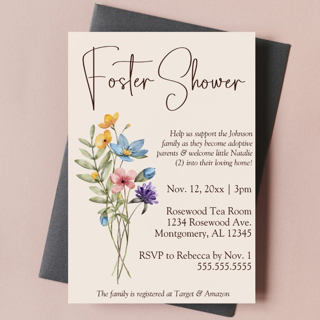 Convite Bóvora de Flores Selvagens para Cuidados de Crianç (Wildflower botanical nature foster care baby child shower invitation simple boho floral script type)