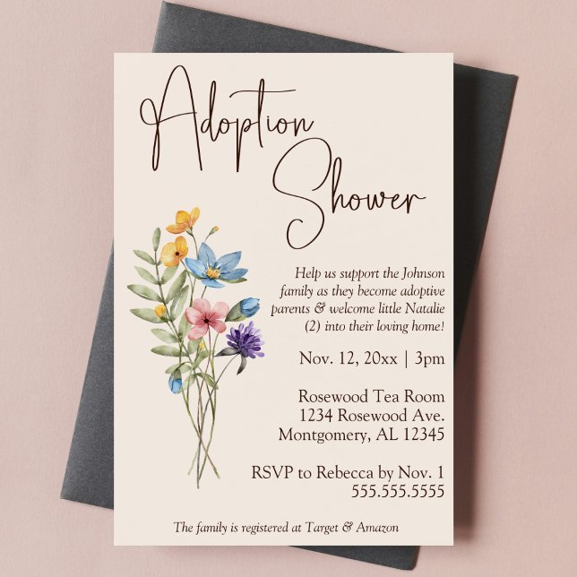 Convite Bóvora Selvagem Bebê Adoptivo/Chá Infantil (boho wildflower adoption baby child shower invitation modern simple botanical trendy script )
