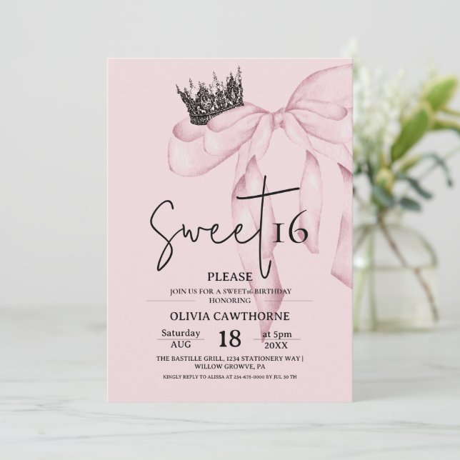 Convite Bow 16th Birthday ⎮Modern Pink Sweet 16 (Em pé/Frente)