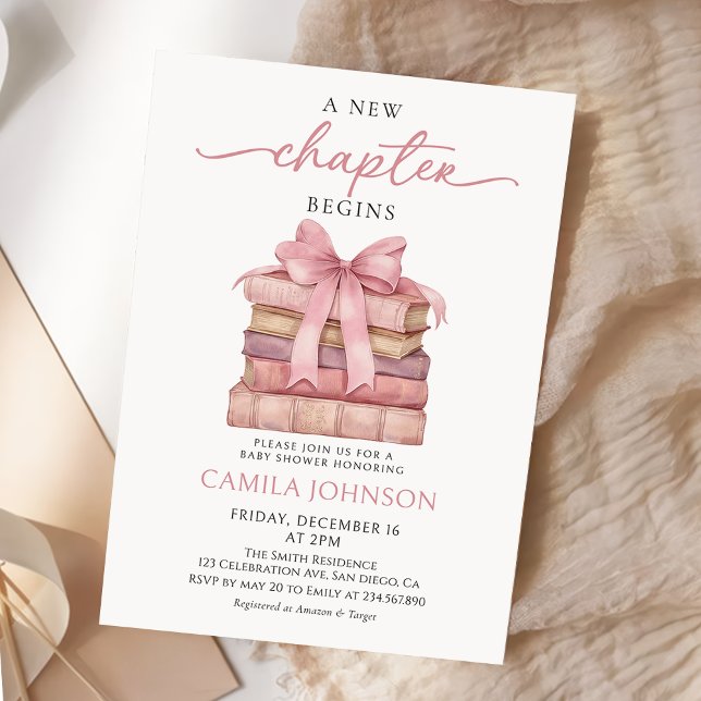 Convite Bow A New Chapter Books Baby Shower Invitation (Criador carregado)