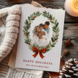 Convite Bow and Greenery Oval Frame Holiday Photo Card