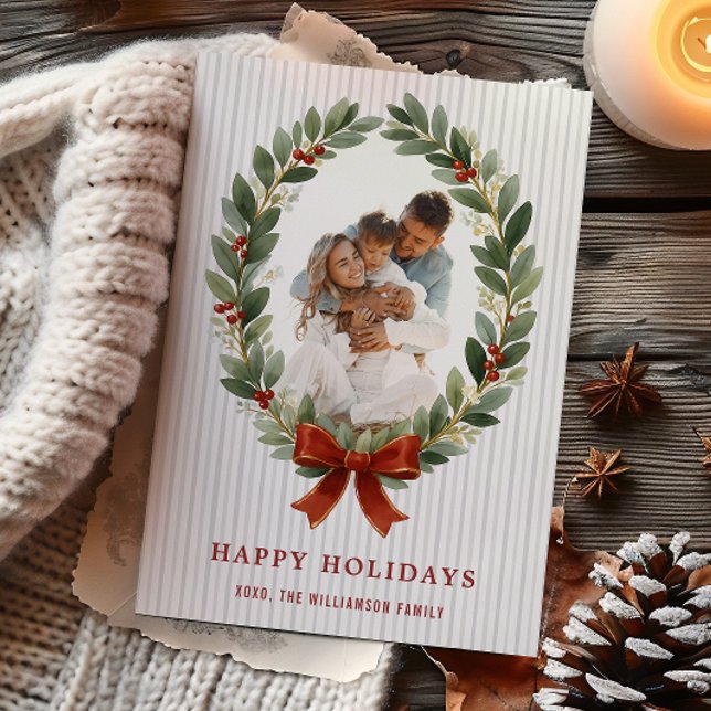 Convite Bow and Greenery Oval Frame Holiday Photo Card (Bow and Greenery Oval Frame Holiday Photo Card
)