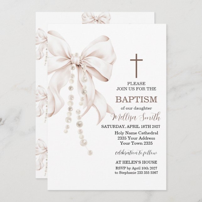 Convite Bow Baptism Girl (Frente/Verso)