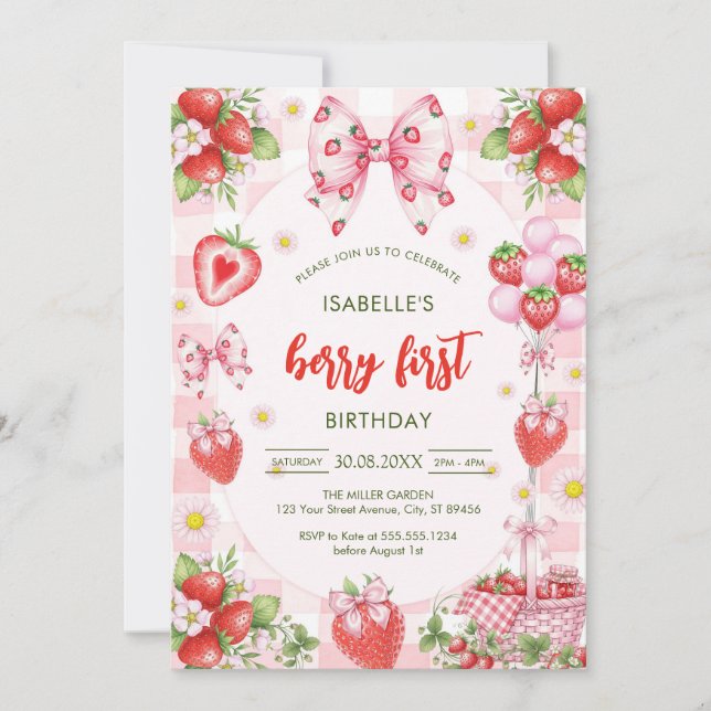 Convite Bow Berry First Birthday 1st Birthday Invitation (Frente)
