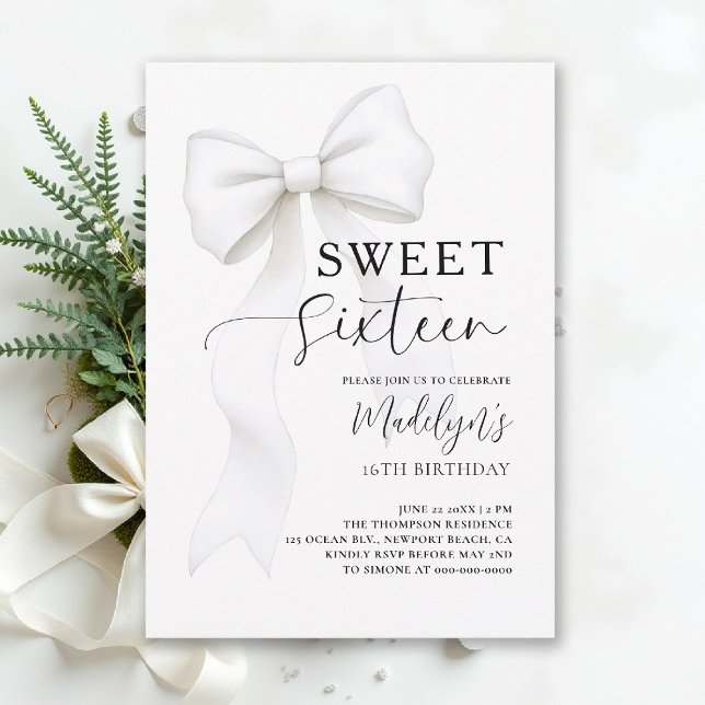 Convite Bow Black White Modern Simple Elegant Sweet 16 (sweet sixteen birthday party invitation bow fashion simple classy black and white script)