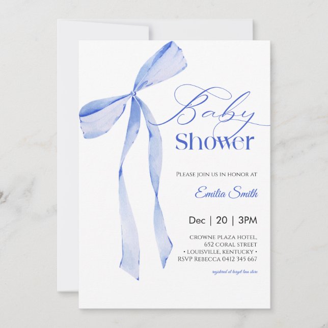 Convite  Bow Blue boy Baby shower (Frente)